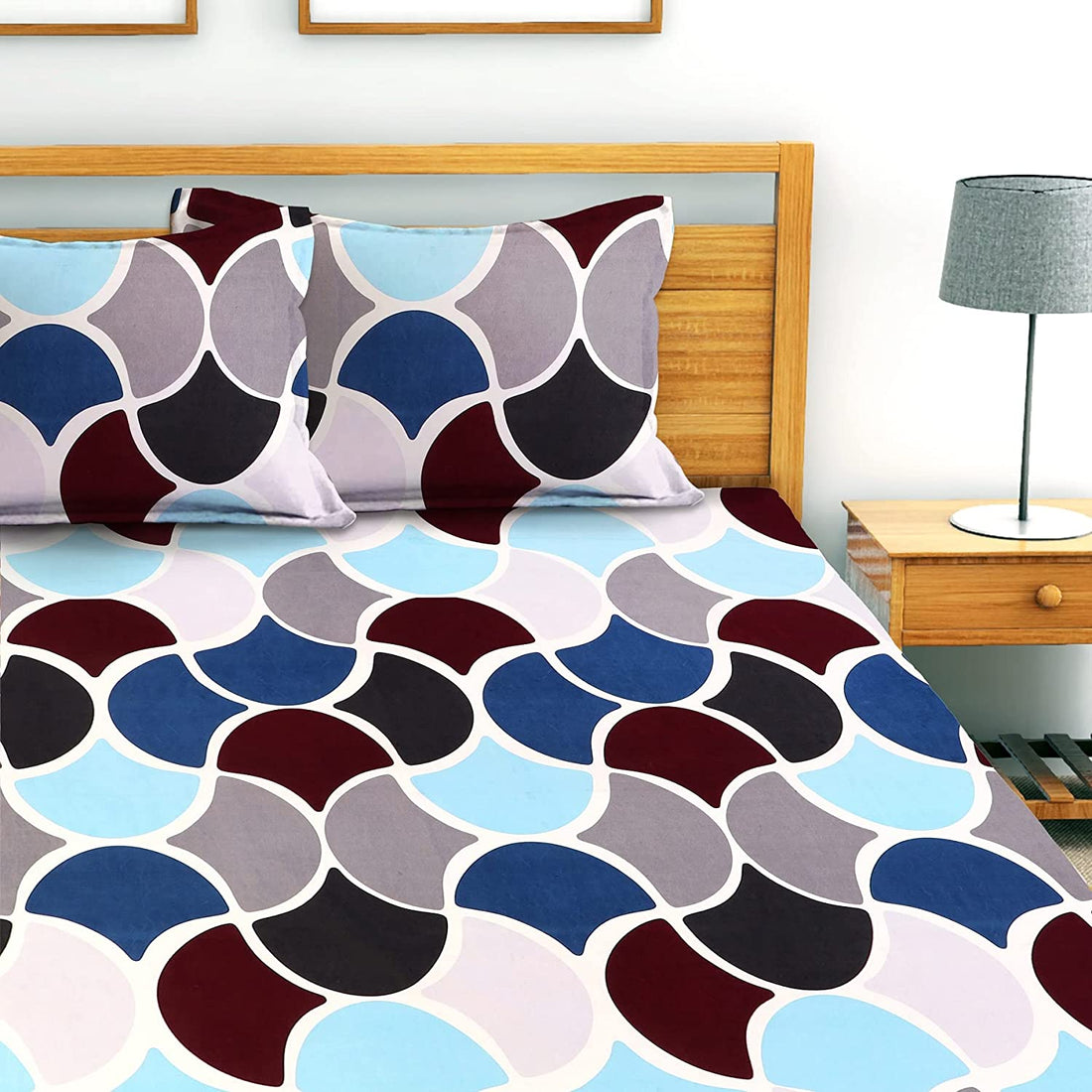 TIB The Intellect Bazaar Cotton Feel Glace Cotton Elastic Fitted Bedsheet/King Size Bedsheet with 2 Pillow Covers -Multi Circle