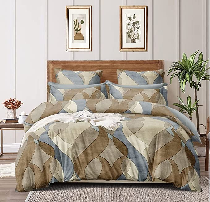 TIB  Glace Cotton AC Comforter Set King Size Double Bed with 1 Elastic Fitted King Size bedsheet and Two Pillow Covers (Pack of 4) Camel Multi