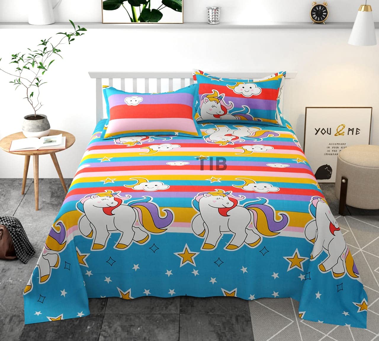 TIB 130 GSM Polycotton Kids Galaxy Pattern Bedsheet for Double Bed with 2 Pillow Covers,90x100 Inch, Multi