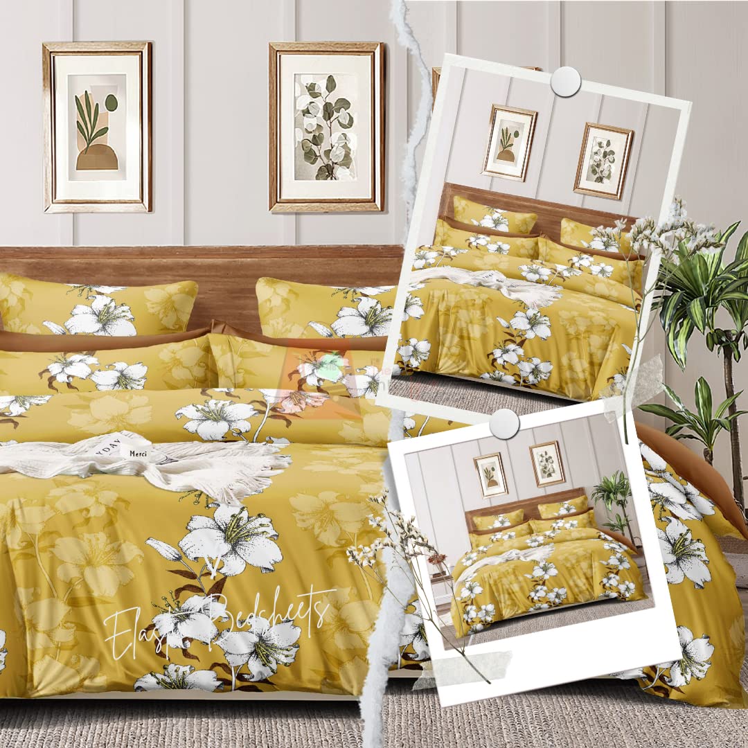 TIB The Intellect Bazaar Cotton Feel Glace Cotton Elastic Fitted Bedsheet/King Size Bedsheet with 2 Pillow Covers -Yellow Flower