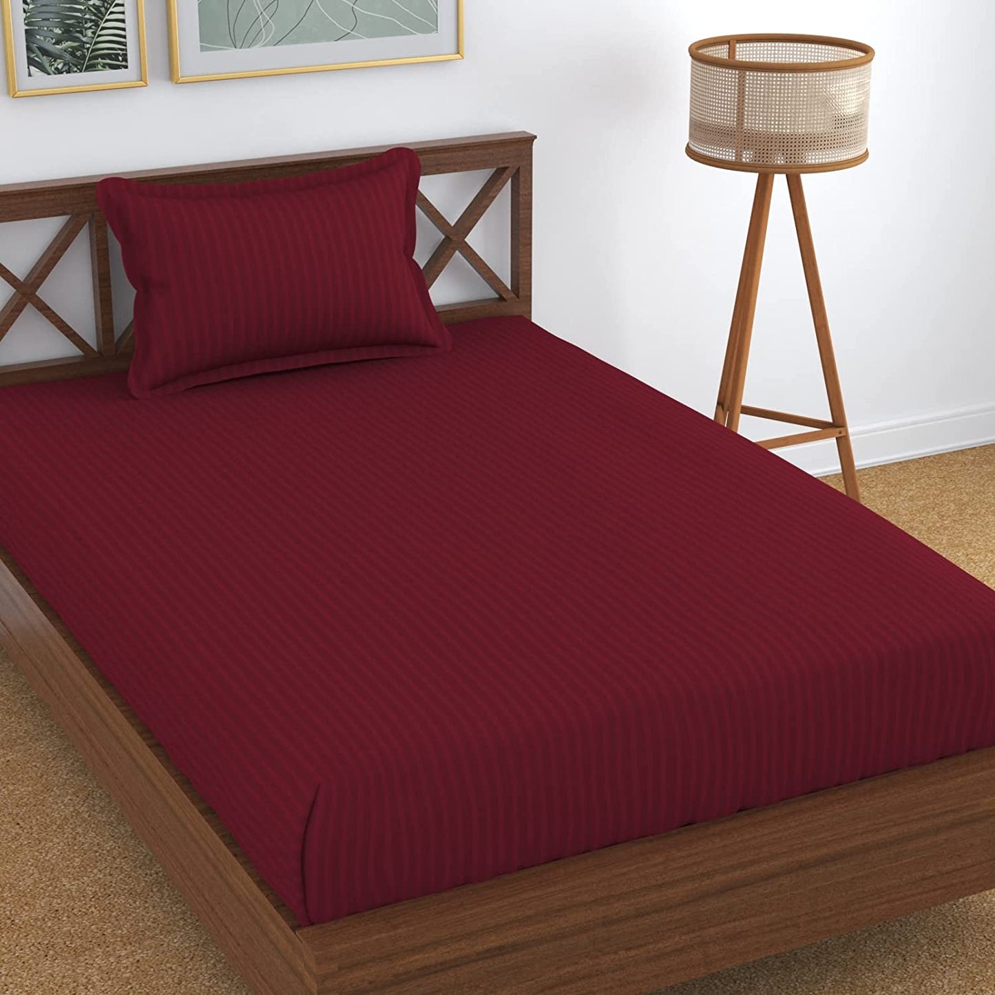 TIB The Intellect Bazaar Glace Cotton Elastic Fitted Satin Striped Plain Bedsheet for Single Bed King Size with 1 Pillow Covers 36x78(Maroon)