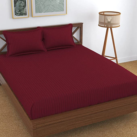 TIB The Intellect Bazaar Glace Cotton Elastic Fitted bedsheets King Size Satin Striped Plain Bedsheet with Two Pillow Covers (Maroon)
