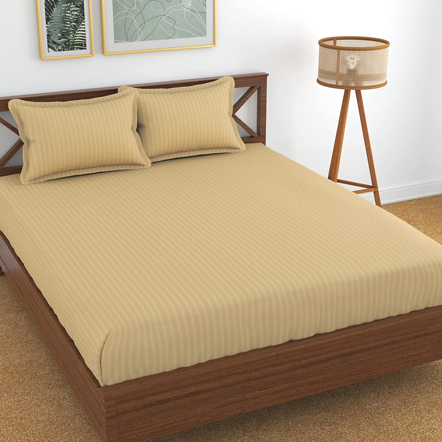 TIB The Intellect Bazaar Glace Cotton Elastic bedsheet King Size Satin Striped Plain Bedsheet with Two Pillow Covers (Beige)