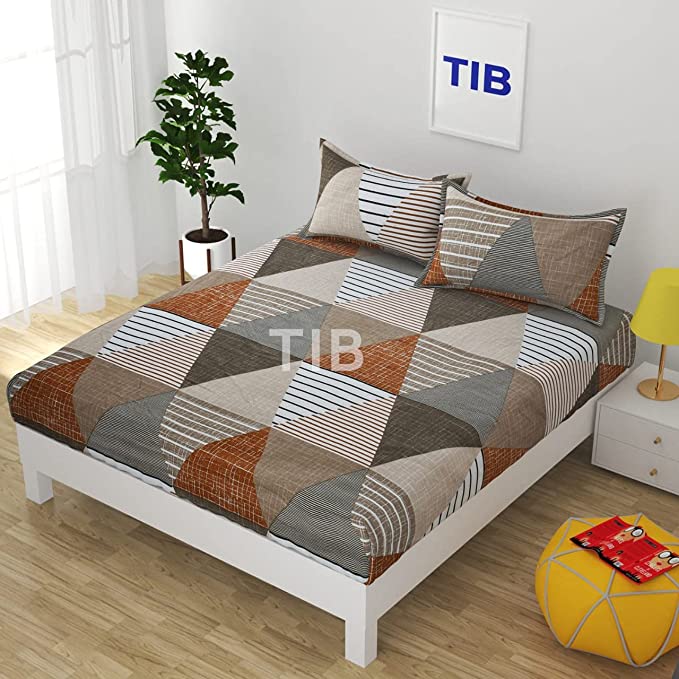 TIB® The Intellect Bazaar Geometric 100% Cotton Elastic Fitted King Size Bedsheet with 2 Pillow Covers - Brown-Multi | 160 TC | Size 72x78