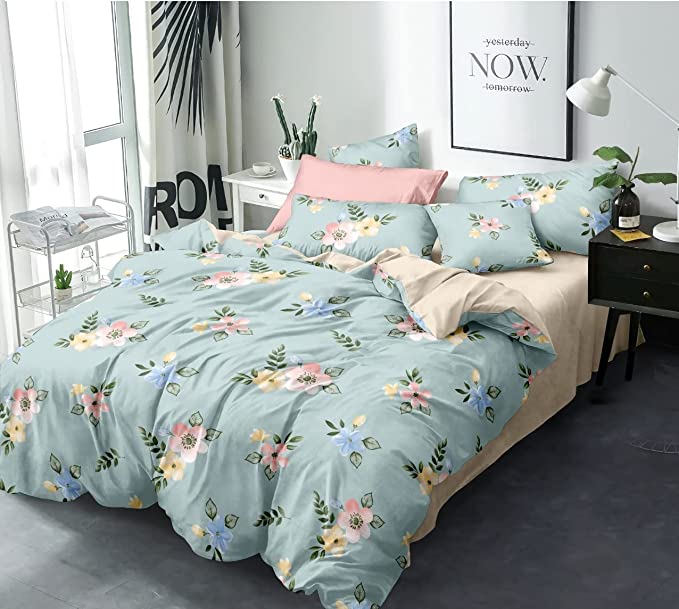 TIB  Glace Cotton AC Comforter Set King Size Single Bed with 1 Elastic Fitted King Size bedsheet-36x78 inch and One Pillow Covers (Pack of 3) Bouque Flower