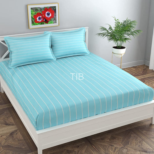 TIB  Elastic Fitted King Size Glace Cotton Bedsheets with 2 Pillow Covers | Double Bed with All Around Elastic | Size - 72x78+8 inches, Blue