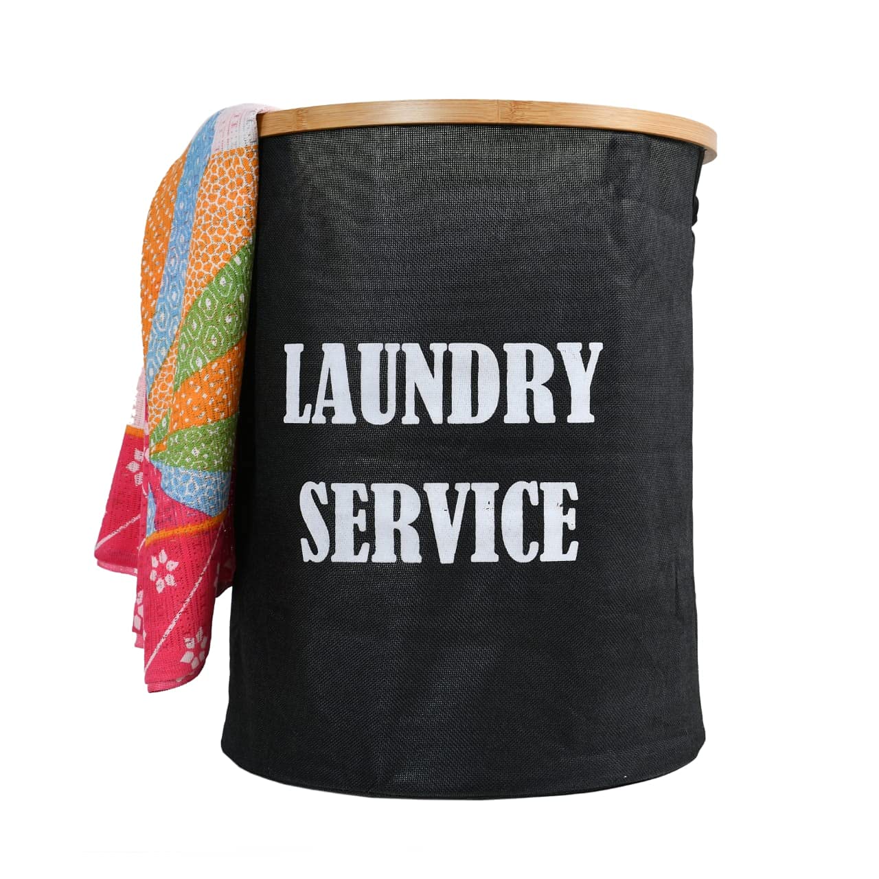 TIB® Polyester Foldable Laundry Basket for Dirty Clothes,4 Wooden sticks for Support, Black, 50-Ltr.