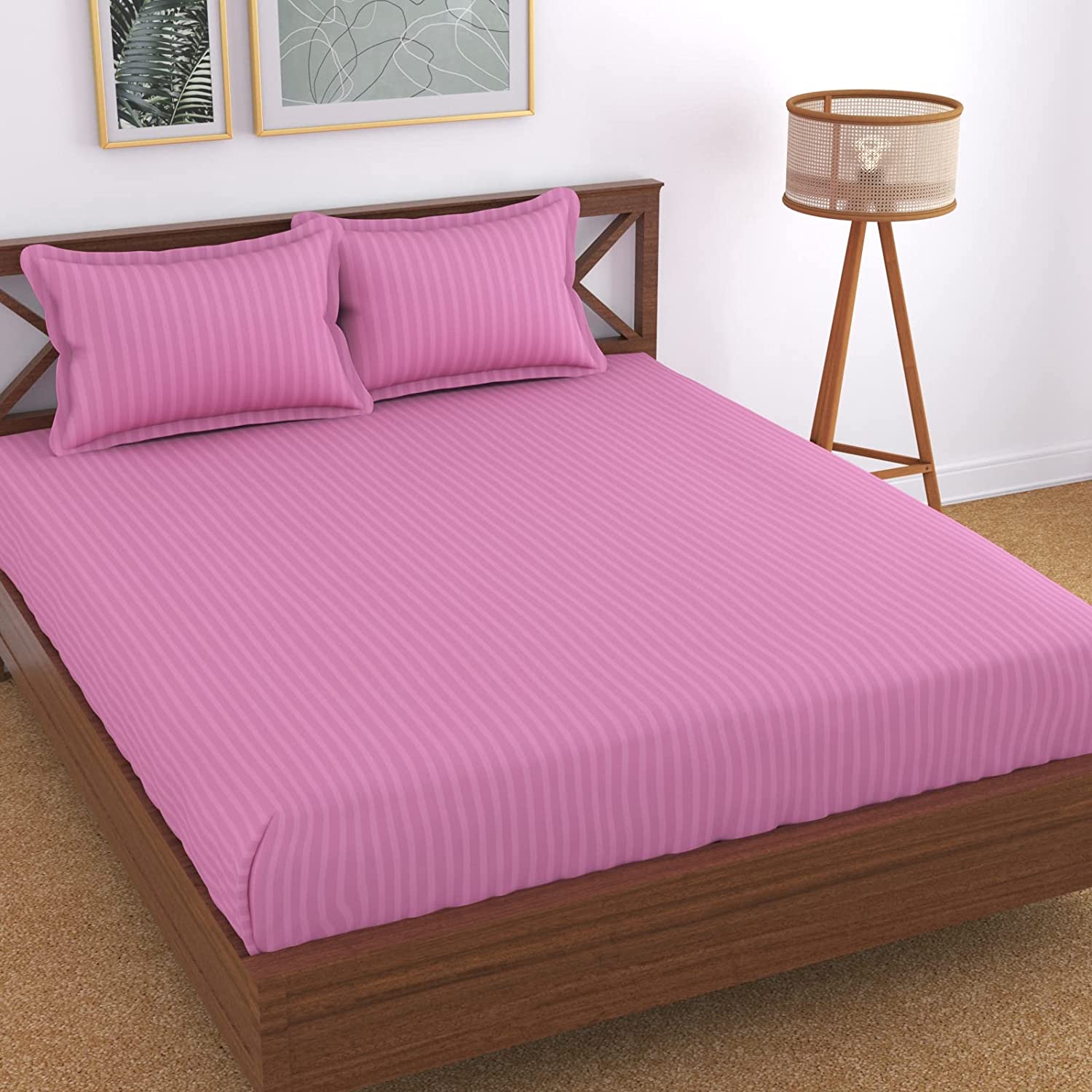TIB The Intellect Bazaar Glace Cotton Elastic Fitted Bedsheet Satin Striped Plain King Size Bedsheet with Two Pillow Covers ( Pink )