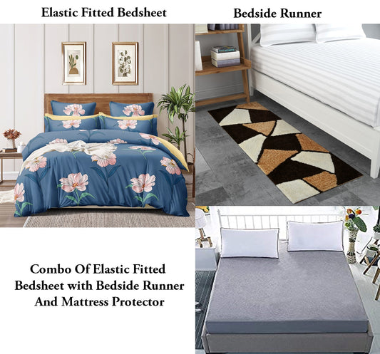 TIB The Intellect Bazaar Combo of Elastic Fitted King Bedsheet 72"x78" with Mattress Protector And Bedside Runner