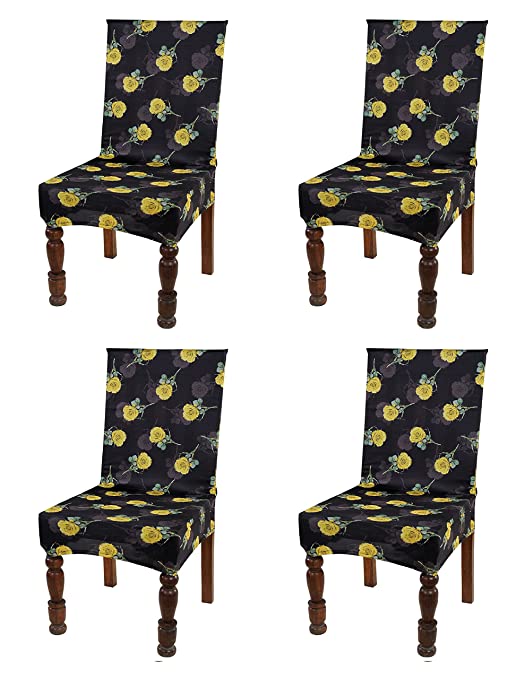 TIB The Intellect Bazaar Polyester Flowered Elastic Stretch Removable Washable Dining Chair Cover Set of 4 Seat Protector Slipcover Black -4 Piece