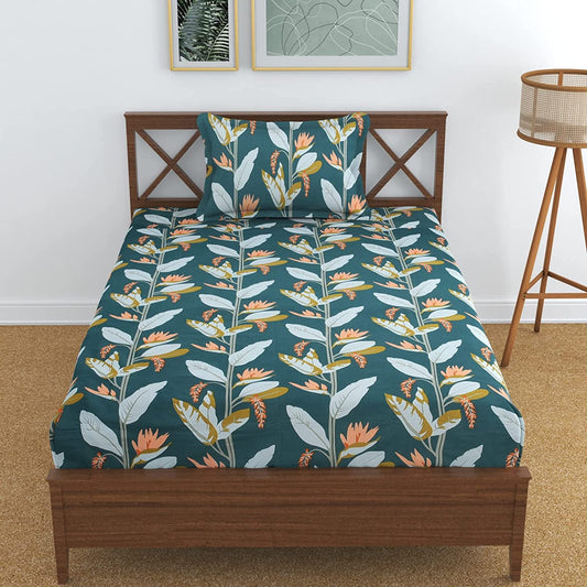 TIB The Intellect Bazaar Cotton Feel Glace Cotton Elastic Fitted Bedsheet Single Size Bedsheet with 1 Pillow Covers (36x78) Green-Leaves