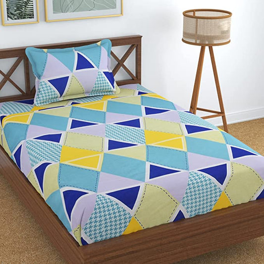 TIB The Intellect Bazaar Cotton Feel Glace Cotton Elastic Fitted Bedsheet Single Size Bedsheet with 1 Pillow Covers (36x78) Rhombus-Multi