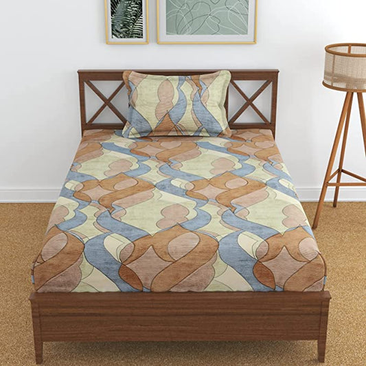 TIB The Intellect Bazaar Cotton Feel Glace Cotton Elastic Fitted Bedsheet Single Size Bedsheet with 1 Pillow Covers (36 x78) Camel-Multi