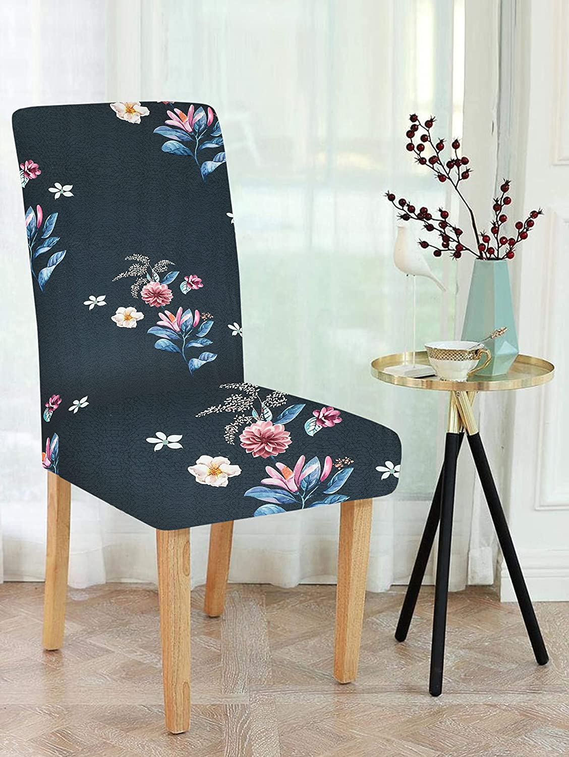 TIB The Intellect Bazaar Polyester Floral Elastic Stretchable Removable Washable Dining Chair Cover Set of 4 Chair Protector Seat Slipcover Blue Flower