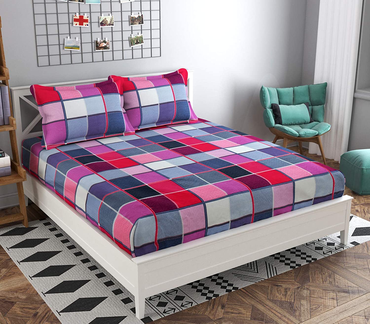 TIB  Elastic Fitted King Size Glace Cotton Bedsheets with 2 Pillow Covers | Double Bed with All Around Elastic | Size - 72x78+8 inches, Pink
