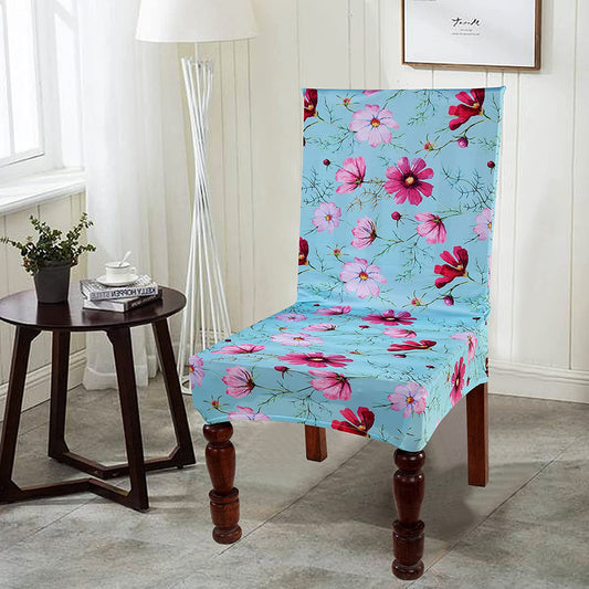 TIB The Intellect Bazaar Polyester Flowered Elastic Stretch Removable Washable Dining Chair Cover Set of 4 Seat Protector Slipcover SkyBlue -4 Pieces