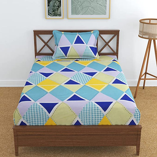TIB The Intellect Bazaar Cotton Feel Glace Cotton Elastic Fitted Bedsheet Single Size Bedsheet with 1 Pillow Covers (36x78) Rhombus-Multi