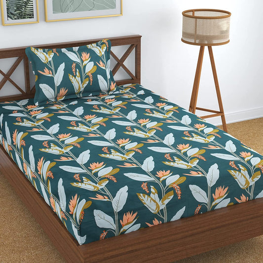 TIB The Intellect Bazaar Cotton Feel Glace Cotton Elastic Fitted Bedsheet Single Size Bedsheet with 1 Pillow Covers (36x78) Green-Leaves