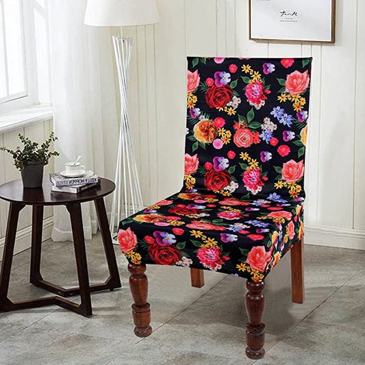 TIB The Intellect Bazaar Polyester Flowered Elastic Stretch Removable Washable Dining Chair Cover Set of 4 Seat Protector Slipcover (Multi Flower) -4 Pieces