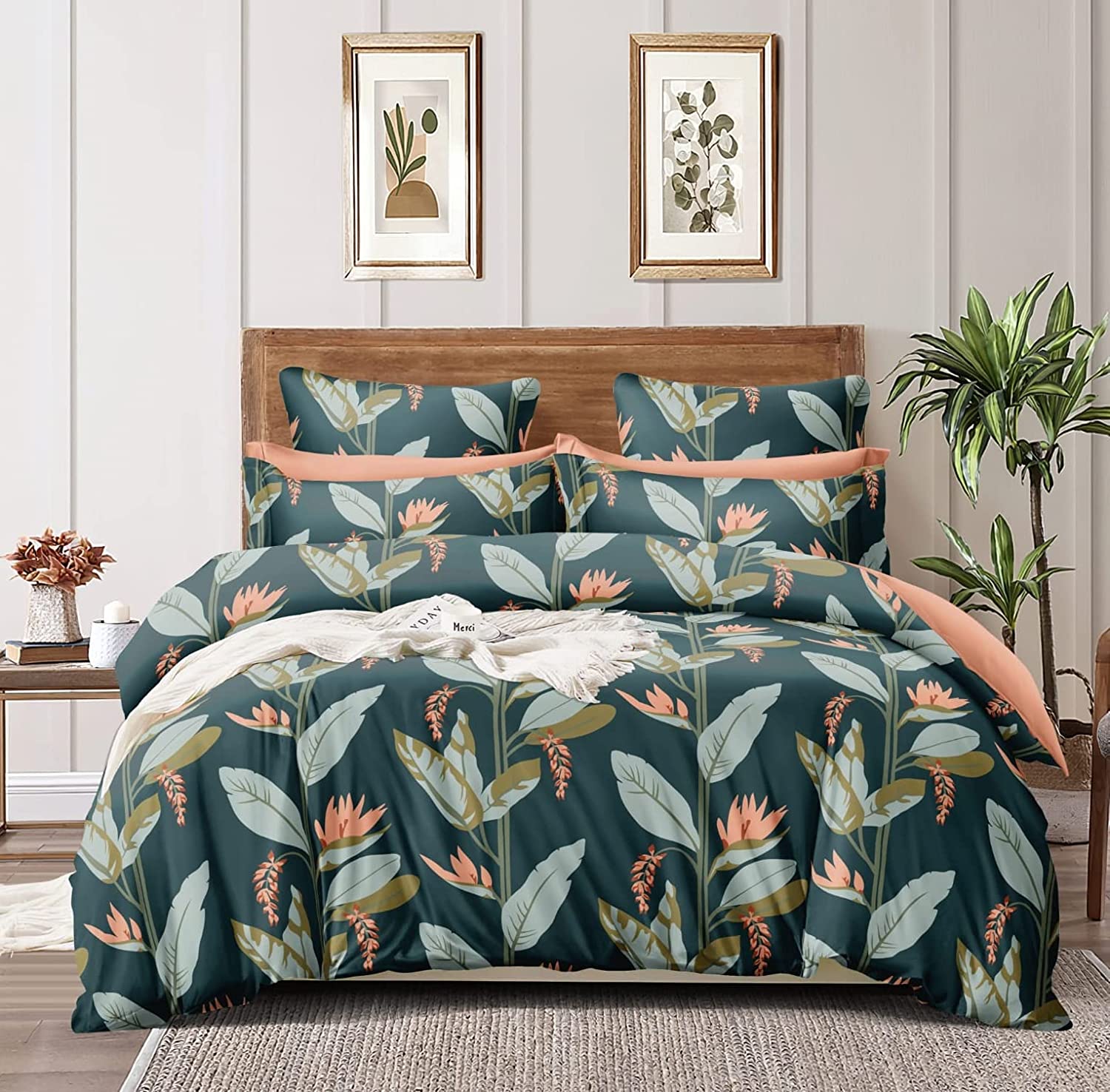 TIB Glace Cotton AC Comforter Set King Size Double Bed with 1 Flat bedsheet-90x100 inch and Two Pillow Covers (Pack of 4) Green Leaves