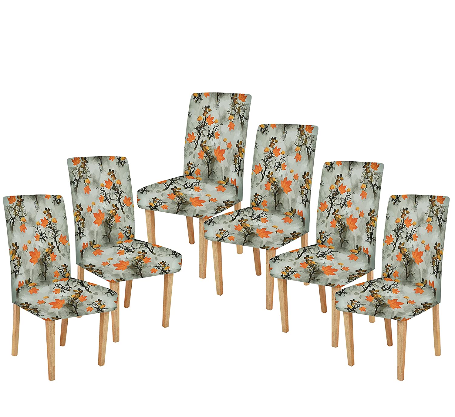 TIB The Intellect Bazaar Polyester Flowered Elastic Stretch Removable Washable Dining Chair Cover Set of 6 Seat Protector Slipcover (Leaves) -6 Pieces