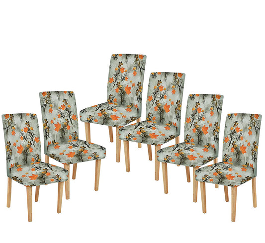 TIB The Intellect Bazaar Polyester Flowered Elastic Stretch Removable Washable Dining Chair Cover Set of 6 Seat Protector Slipcover (Leaves) -6 Pieces