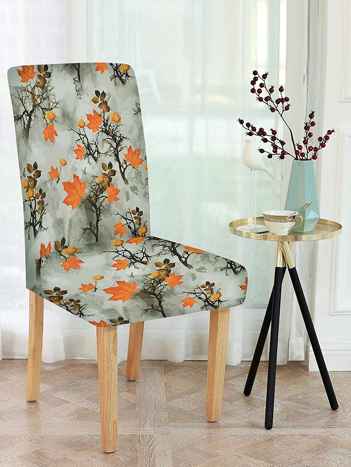 TIB The Intellect Bazaar Polyester Flowered Elastic Stretch Removable Washable Dining Chair Cover Set of 6 Seat Protector Slipcover (Leaves) -6 Pieces