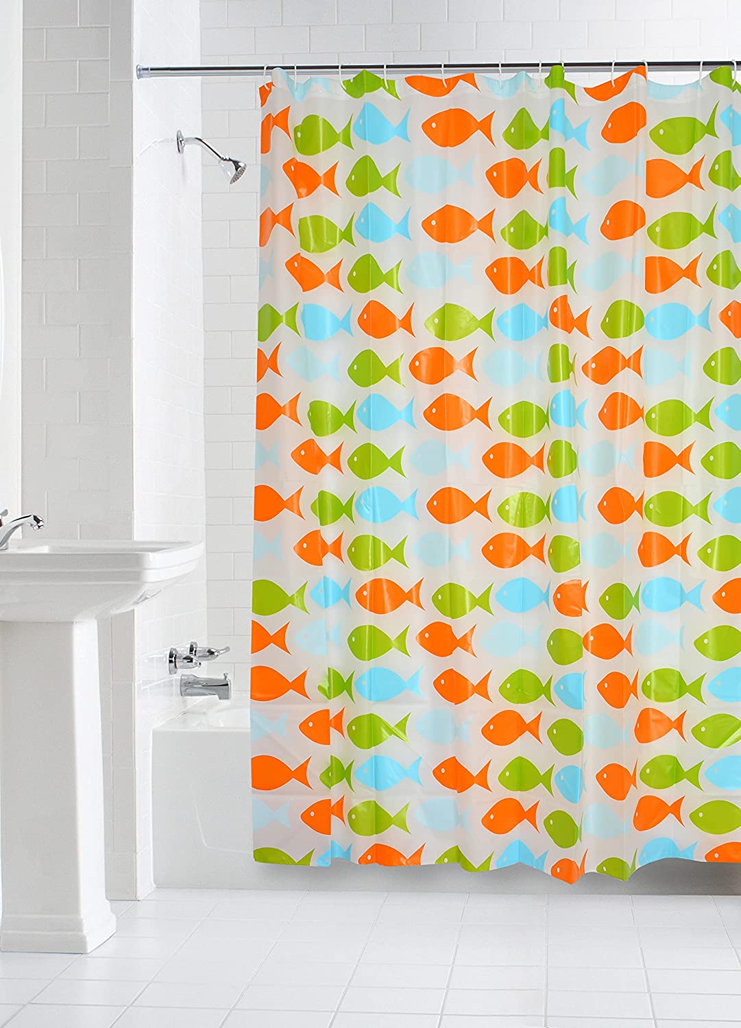 TIB® Water Repellant Fish Design Shower Curtain with Hooks - 72" x 72, Shower Curtain 6 feet for Bathroom Thin Curtains.
