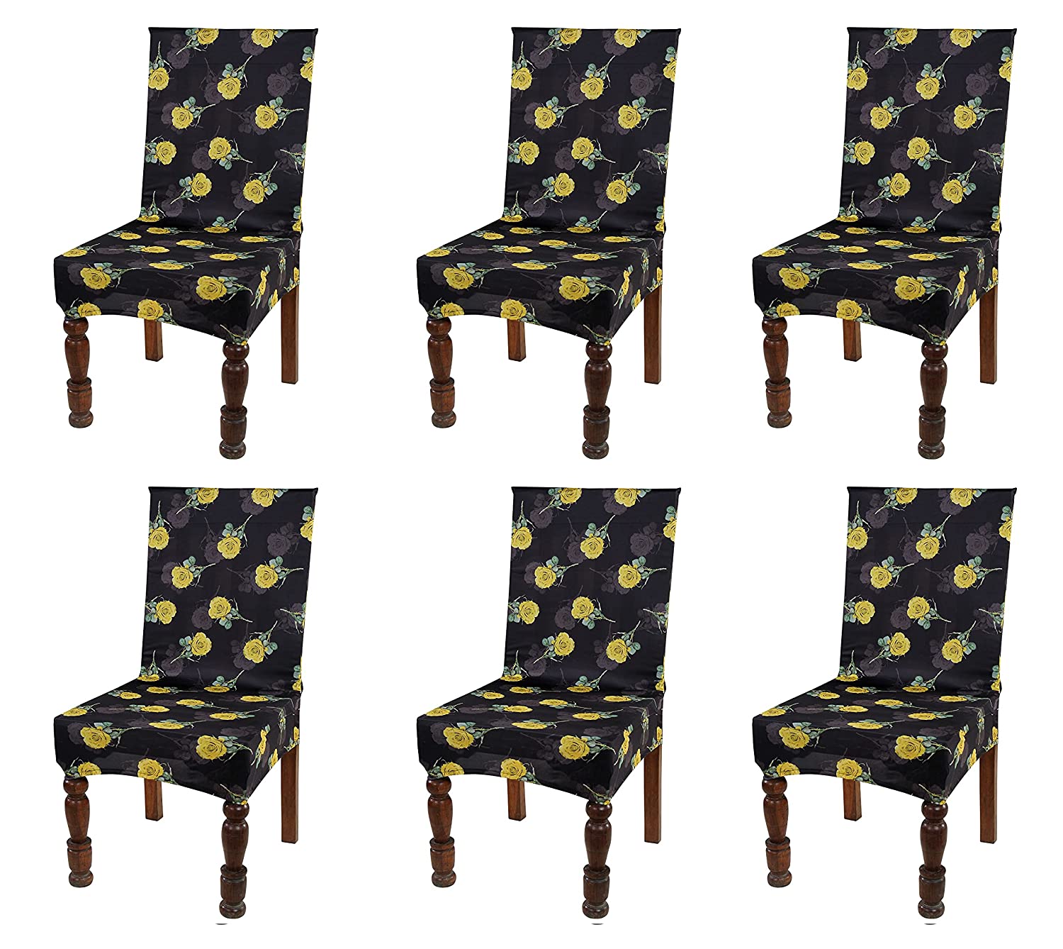 TIB The Intellect Bazaar Polyester Flowered Elastic Stretch Removable Washable Dining Chair Cover Set of 6 Seat Protector Slipcover (Rose) -6 Pieces