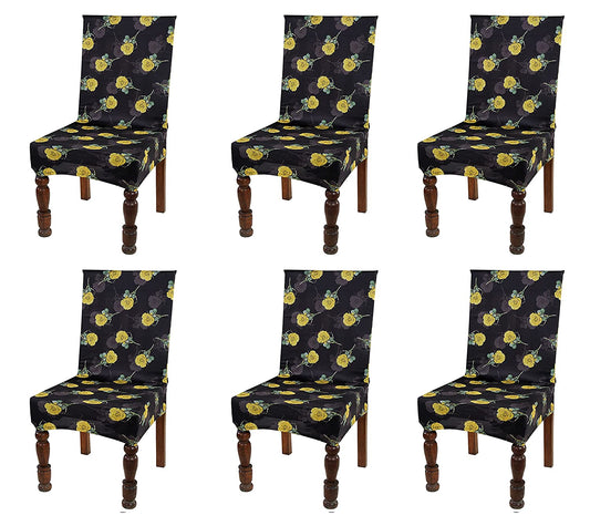 TIB The Intellect Bazaar Polyester Flowered Elastic Stretch Removable Washable Dining Chair Cover Set of 6 Seat Protector Slipcover (Rose) -6 Pieces
