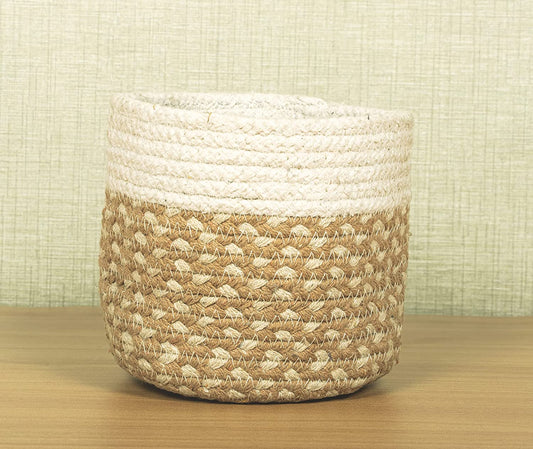 TIB The Intellect Bazaar jute Planter Pots/Handcrafted Storage Basket, Multi-Purpose use for Living Room (8x8 Inches)Beige and White Color