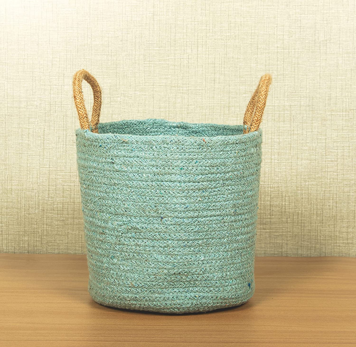 TIB The Intellect Bazaar jute Planter Pots/Handcrafted Storage Basket with handle, Multi-Purpose use for Living Room (10 x 10 Inches)Blue Color