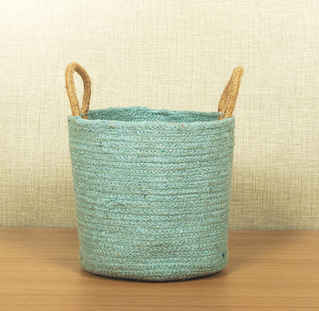 TIB The Intellect Bazaar jute Planter Pots/Handcrafted Storage Basket with handle, Multi-Purpose use for Living Room (8x8 Inches)Blue Color