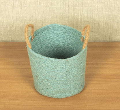 TIB The Intellect Bazaar jute Planter Pots/Handcrafted Storage Basket with handle, Multi-Purpose use for Living Room (10 x 10 Inches)Blue Color