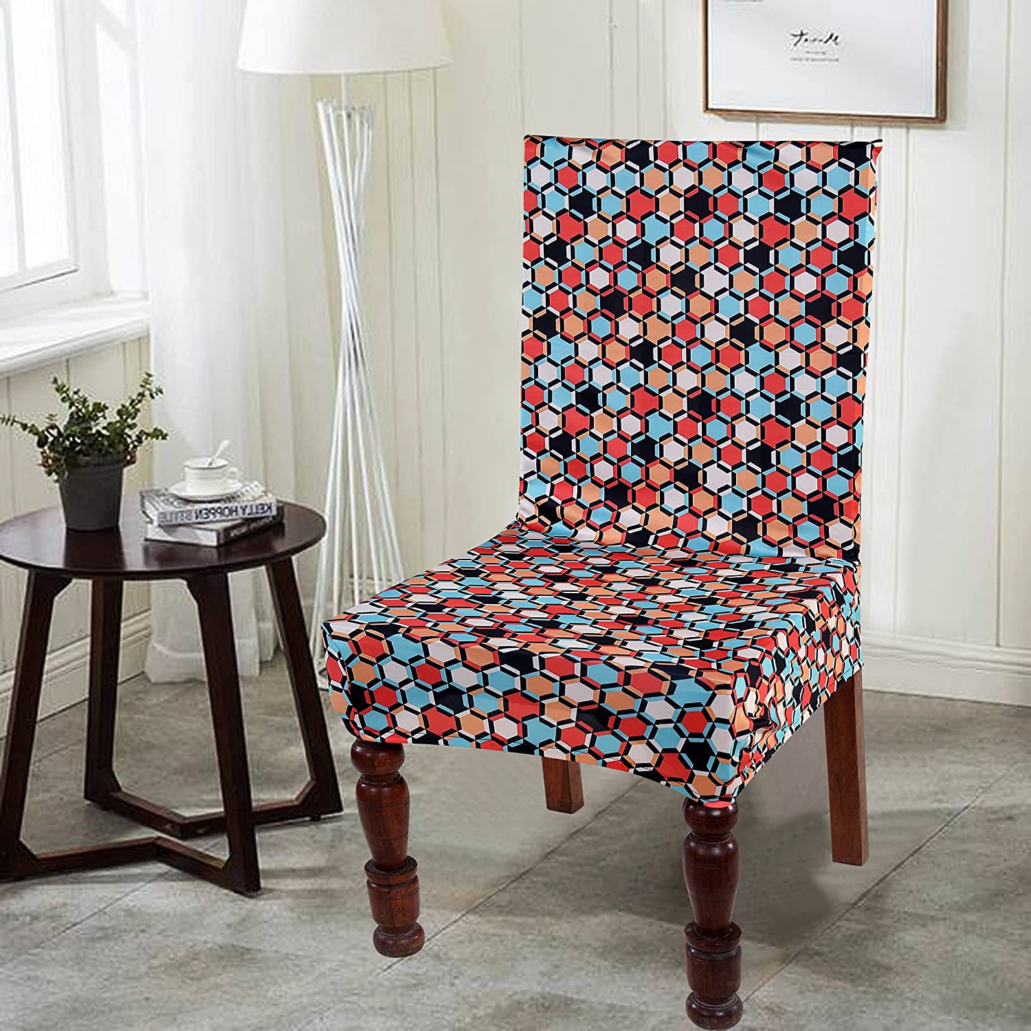 TIB The Intellect Bazaar Polyester Flowered Elastic Stretch Removable Washable Dining Chair Cover Set of 6 Seat Protector Slipcover (stone) -6 Pieces
