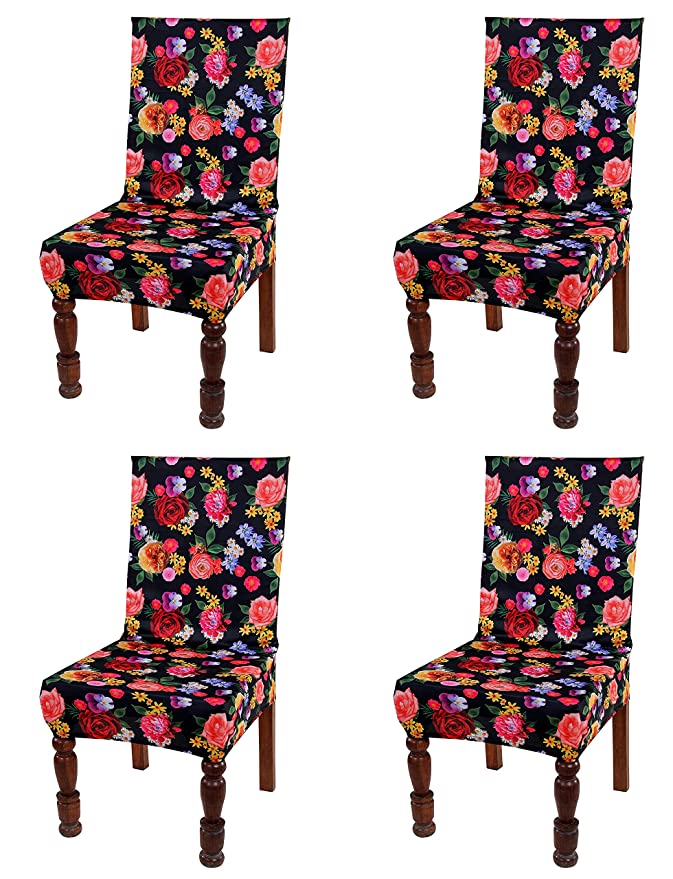 TIB The Intellect Bazaar Polyester Flowered Elastic Stretch Removable Washable Dining Chair Cover Set of 4 Seat Protector Slipcover (Multi Flower) -4 Pieces