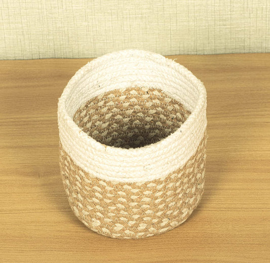 TIB The Intellect Bazaar jute Planter Pots/Handcrafted Storage Basket, Multi-Purpose use for Living Room (8x8 Inches)Beige and White Color