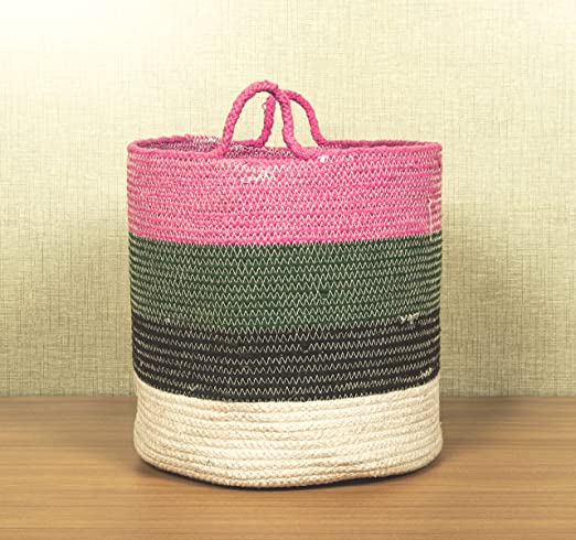 TIB The Intellect Bazaar jute Planter Pots/Handcrafted Storage Basket with handle, Multi-Purpose use for Living Room (8x8 Inches)Pink Multi