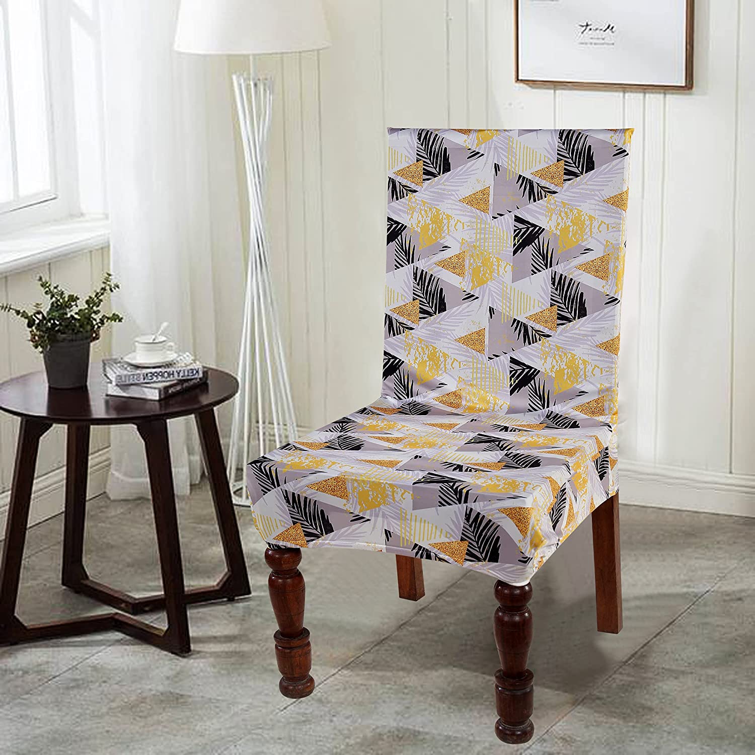 TIB The Intellect Bazaar Polyester Flowered Elastic Stretch Removable Washable Dining Chair Cover Set of 6 Seat Protector Slipcover (Chips) -6 Pieces