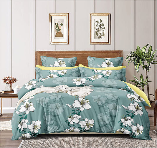 TIB Glace Cotton Duvet Cover I Razai Cover I Quilt Cover I Dohar with Zipper Green Flower