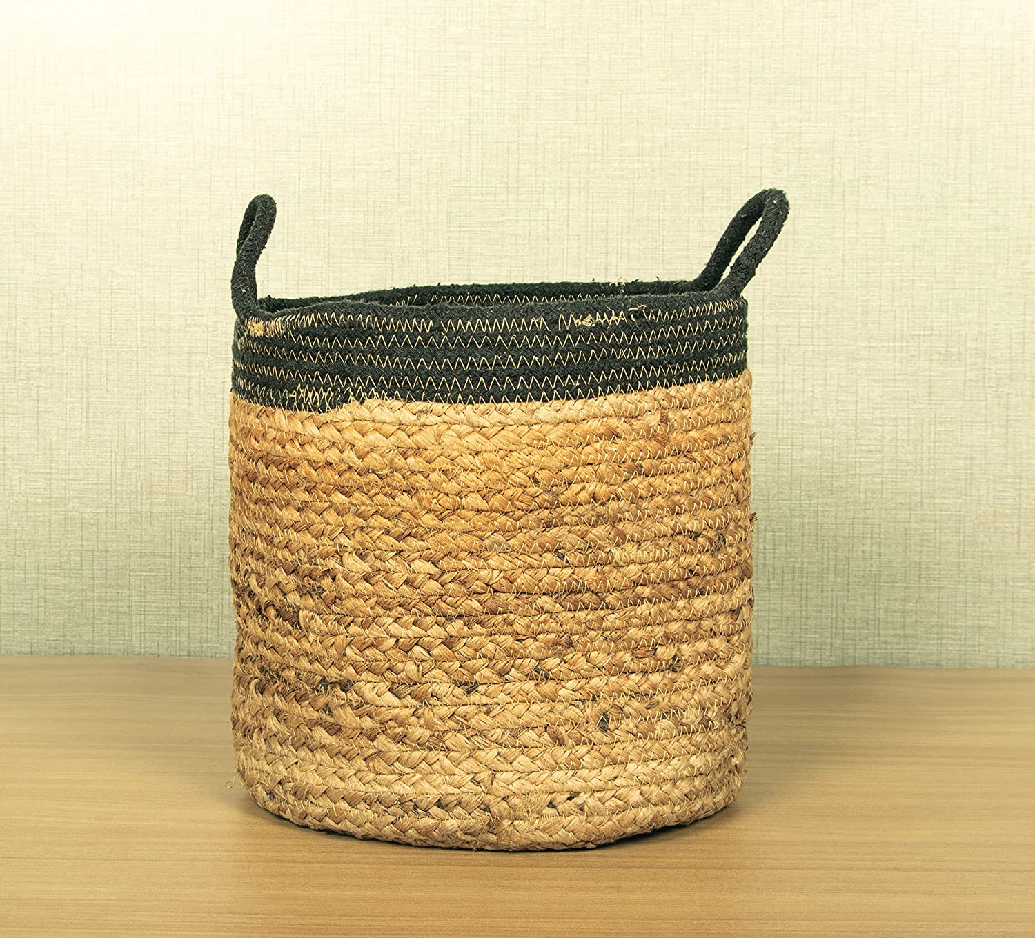 TIB The Intellect Bazaar jute Planter Pots/Handcrafted Storage Basket with handle, Multi-Purpose use for Living Room (10 x 10 Inches)Beige and Black Color