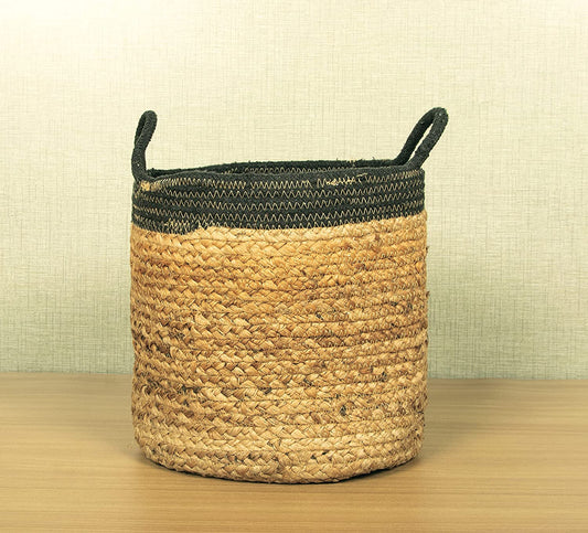 TIB The Intellect Bazaar jute Planter Pots/Handcrafted Storage Basket with handle, Multi-Purpose use for Living Room (12x12 Inches)Beige and Black Color