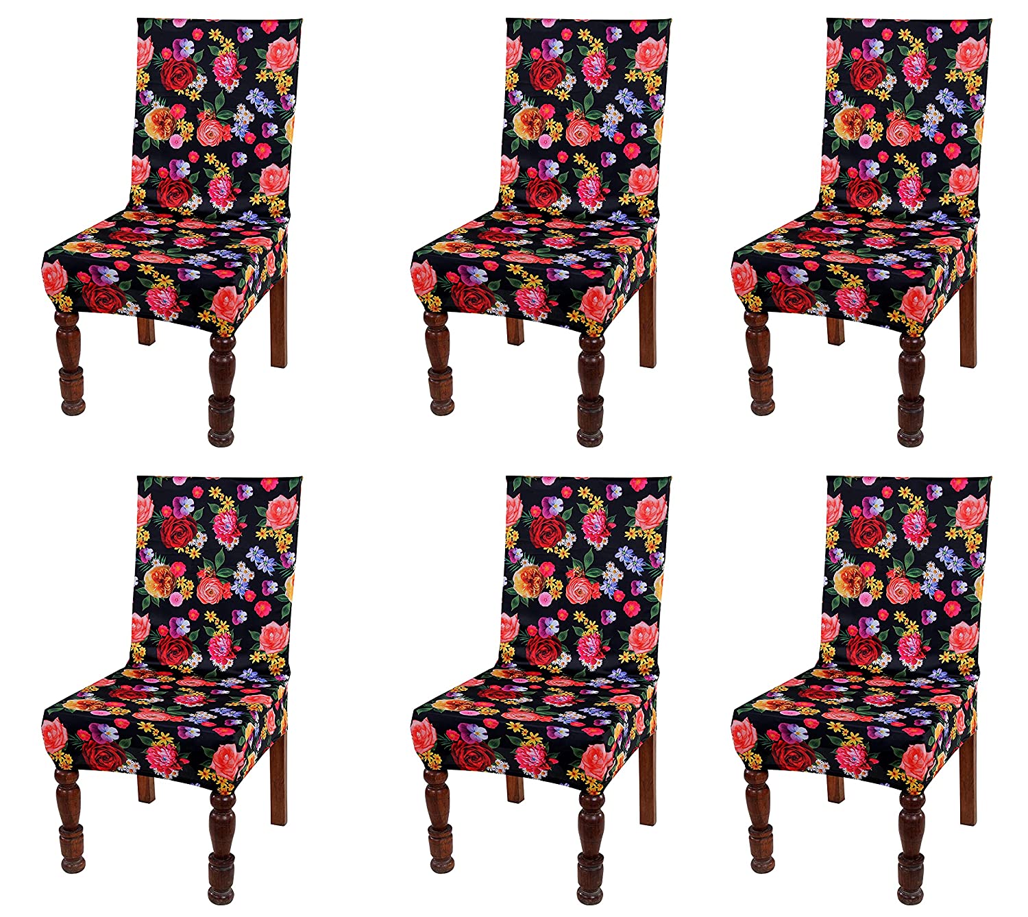 TIB The Intellect Bazaar Polyester Flowered Elastic Stretch Removable Washable Dining Chair Cover Set of 6 Seat Protector Slipcover (Multi) -6 Pieces