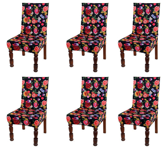 TIB The Intellect Bazaar Polyester Flowered Elastic Stretch Removable Washable Dining Chair Cover Set of 6 Seat Protector Slipcover (Multi) -6 Pieces