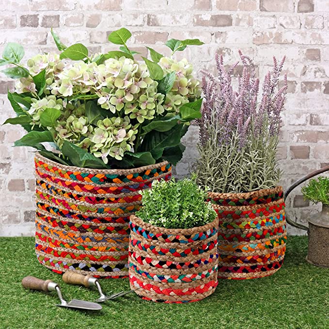 TIB The Intellect Bazaar Jute Planter Pots/Handcrafted Storage Basket with Handle, Multi-Purpose use for Living Room Pack of 3(8x8, 10x10, 12x12 Inches) Multi