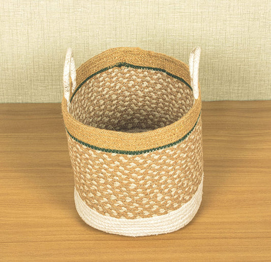 TIB The Intellect Bazaar jute Planter Pots/Handcrafted Storage Basket with handle, Multi-Purpose use for Living Room (12x12 Inches)White Beige