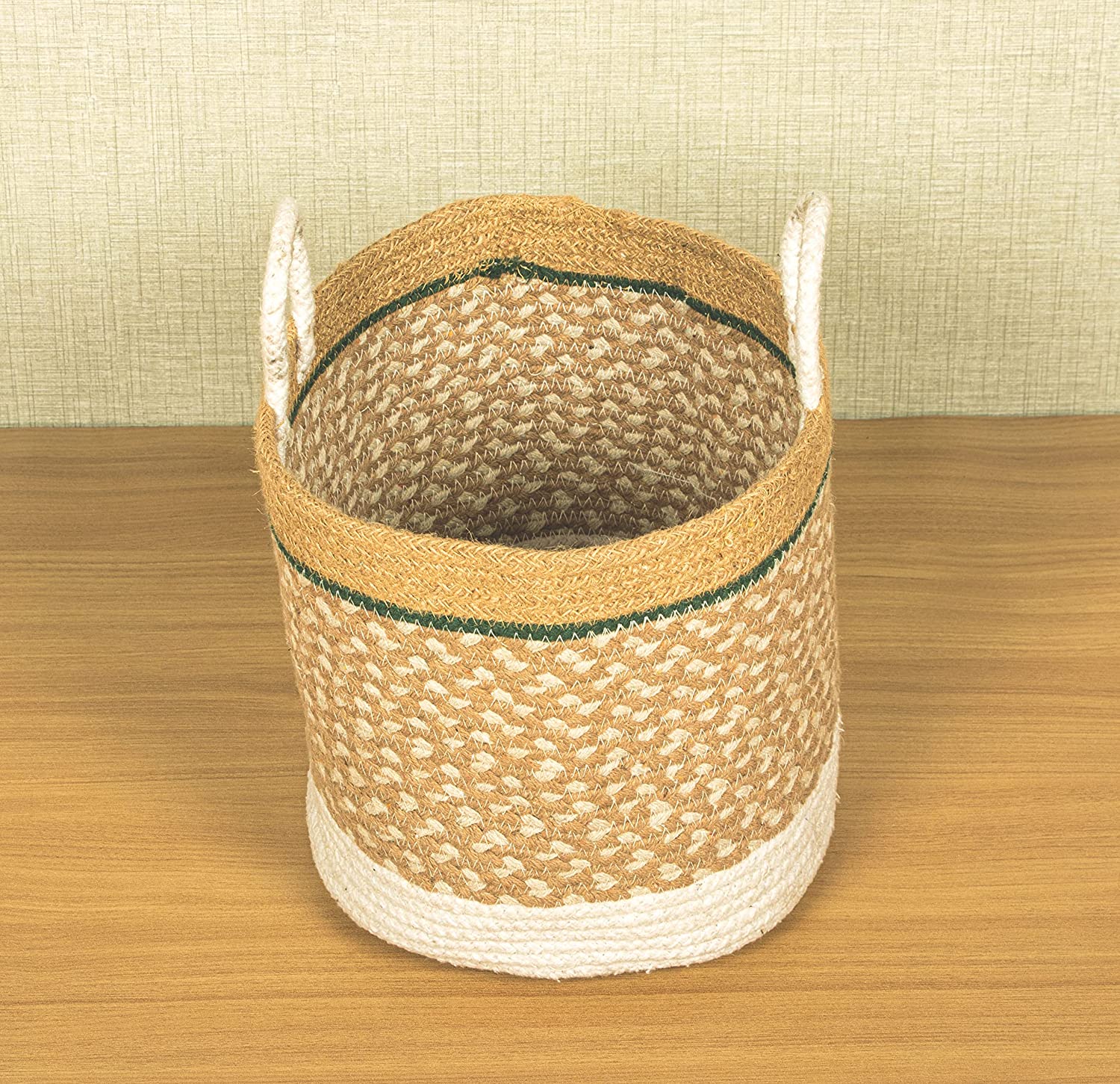 TIB The Intellect Bazaar jute Planter Pots/Handcrafted Storage Basket with handle, Multi-Purpose use for Living Room (8x8 Inches)White Beige