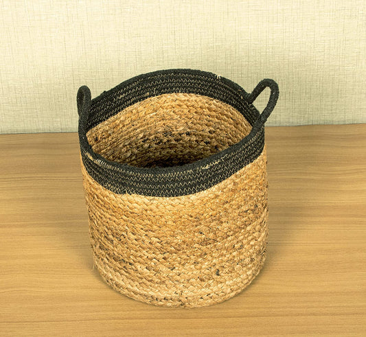 TIB The Intellect Bazaar jute Planter Pots/Handcrafted Storage Basket with handle, Multi-Purpose use for Living Room (10 x 10 Inches)Beige and Black Color