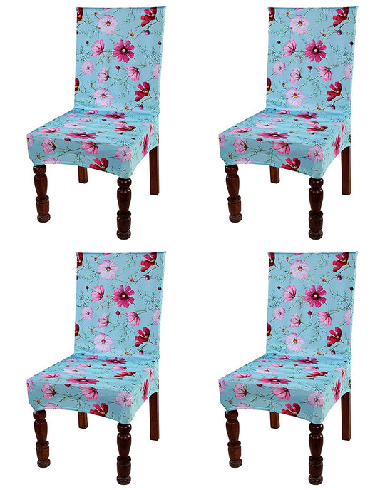 TIB The Intellect Bazaar Polyester Flowered Elastic Stretch Removable Washable Dining Chair Cover Set of 4 Seat Protector Slipcover SkyBlue -4 Pieces