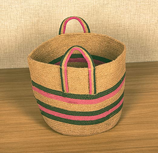 TIB The Intellect Bazaar jute Planter Pots/Handcrafted Storage Basket with handle, Multi-Purpose use for Living Room (10 x 10 Inches)Beige Red